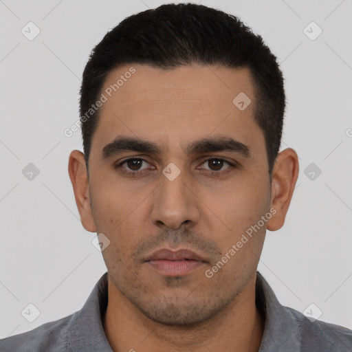 Neutral latino young-adult male with short  black hair and brown eyes