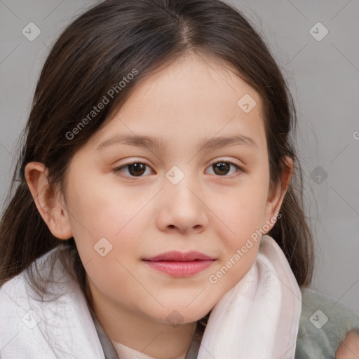 Joyful white child female with medium  brown hair and brown eyes