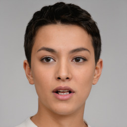 Neutral white young-adult female with short  brown hair and brown eyes