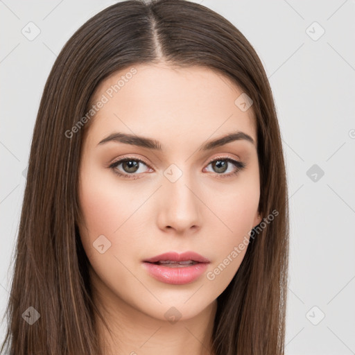 Neutral white young-adult female with long  brown hair and brown eyes