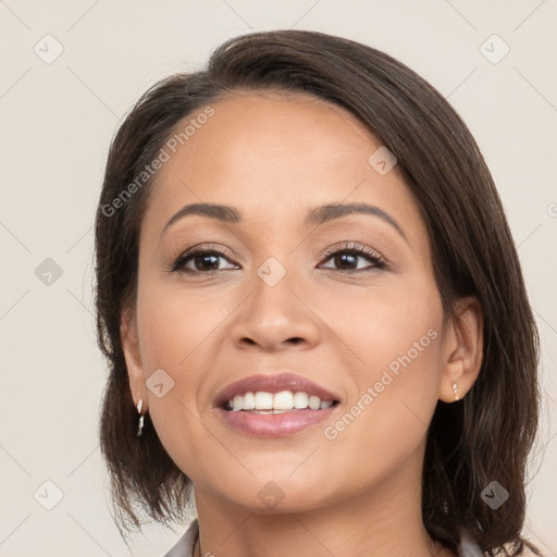 Joyful white young-adult female with medium  brown hair and brown eyes