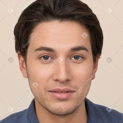 Neutral white young-adult male with short  brown hair and brown eyes