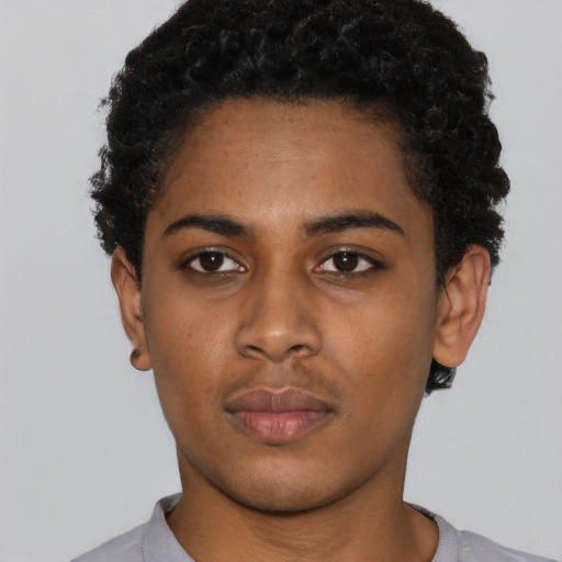 Neutral black young-adult female with short  black hair and brown eyes