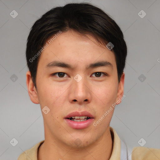 Neutral asian young-adult male with short  brown hair and brown eyes