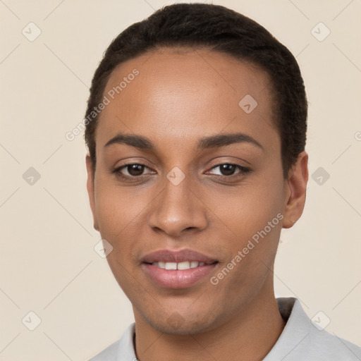 Joyful white young-adult female with short  black hair and brown eyes