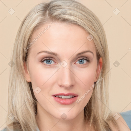 Joyful white young-adult female with medium  brown hair and blue eyes