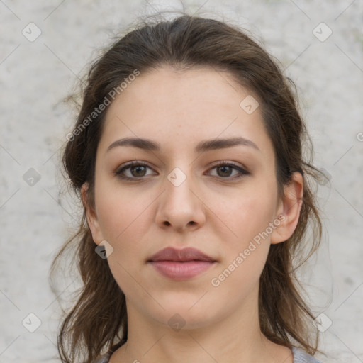 Neutral white young-adult female with medium  brown hair and brown eyes