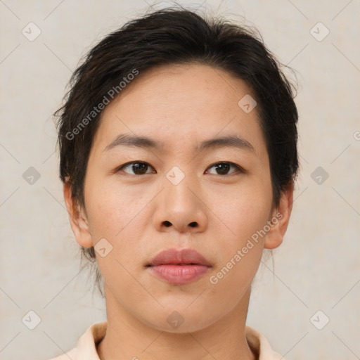 Neutral asian young-adult female with medium  brown hair and brown eyes