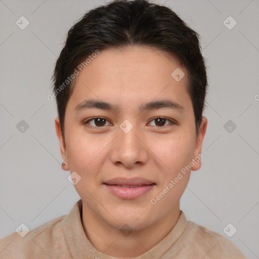 Joyful white young-adult female with short  brown hair and brown eyes