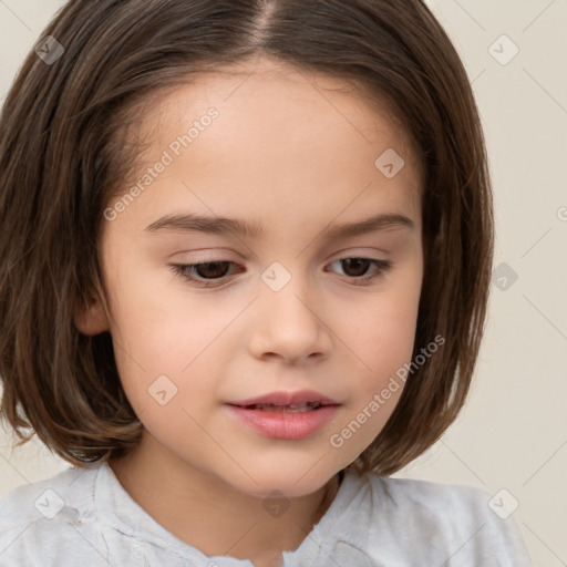 Joyful white child female with medium  brown hair and brown eyes