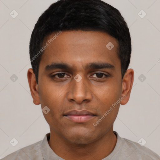 Neutral latino young-adult male with short  black hair and brown eyes