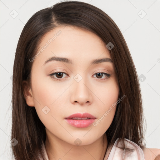 Neutral white young-adult female with long  brown hair and brown eyes