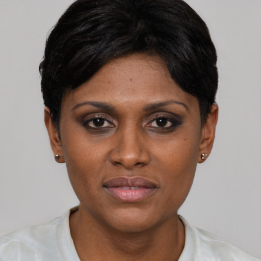 Joyful latino young-adult female with short  black hair and brown eyes