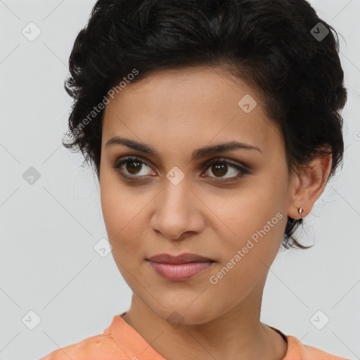 Joyful latino young-adult female with medium  brown hair and brown eyes