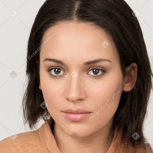 Neutral white young-adult female with long  brown hair and brown eyes