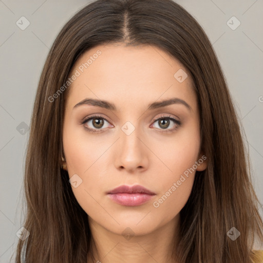 Neutral white young-adult female with long  brown hair and brown eyes