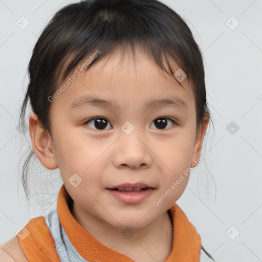 Joyful white child female with medium  brown hair and brown eyes