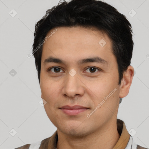 Joyful white young-adult male with short  black hair and brown eyes