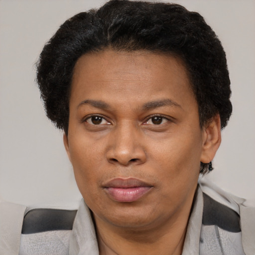Joyful black adult female with short  brown hair and brown eyes