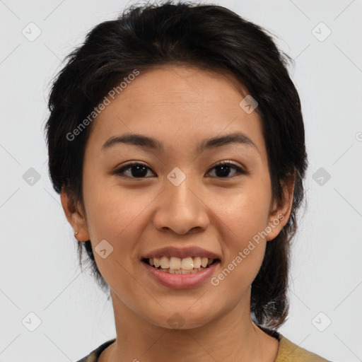 Joyful white young-adult female with medium  black hair and brown eyes