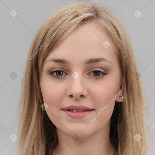 Joyful white young-adult female with long  brown hair and grey eyes