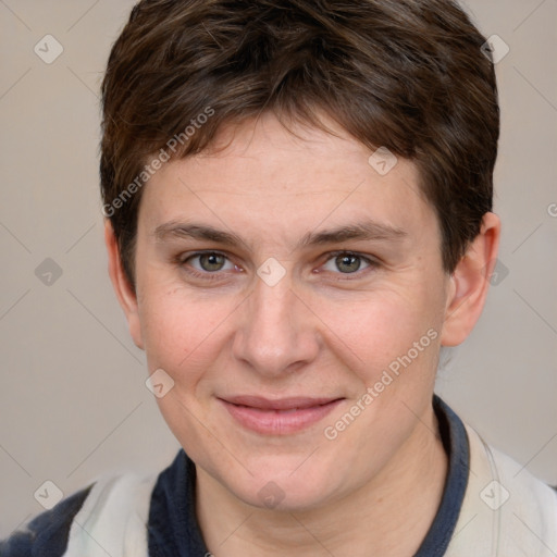 Joyful white young-adult female with short  brown hair and grey eyes