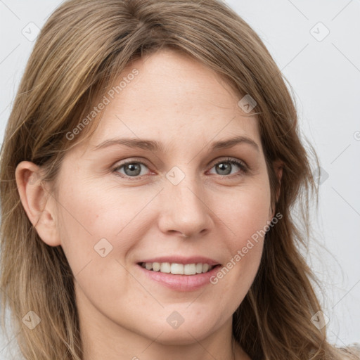 Joyful white young-adult female with long  brown hair and grey eyes