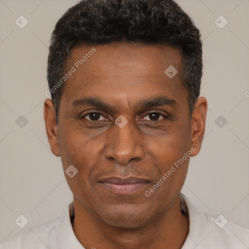 Joyful black adult male with short  black hair and brown eyes