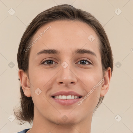 Joyful white young-adult female with medium  brown hair and brown eyes