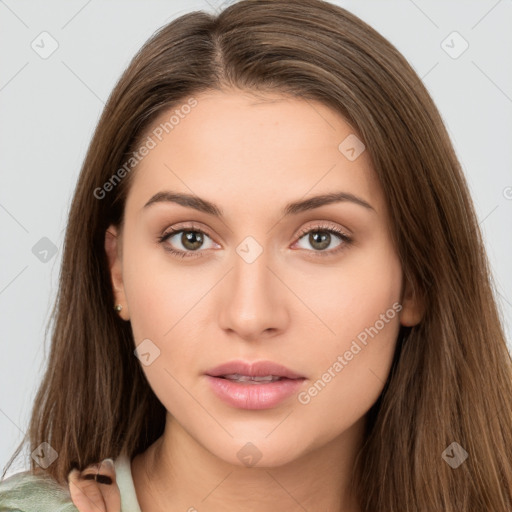 Neutral white young-adult female with long  brown hair and brown eyes