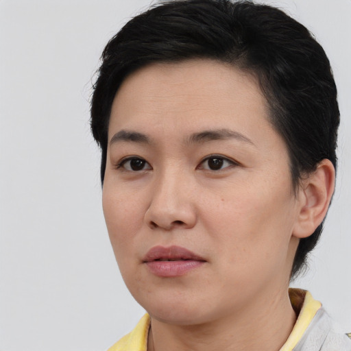 Neutral white young-adult female with short  black hair and brown eyes