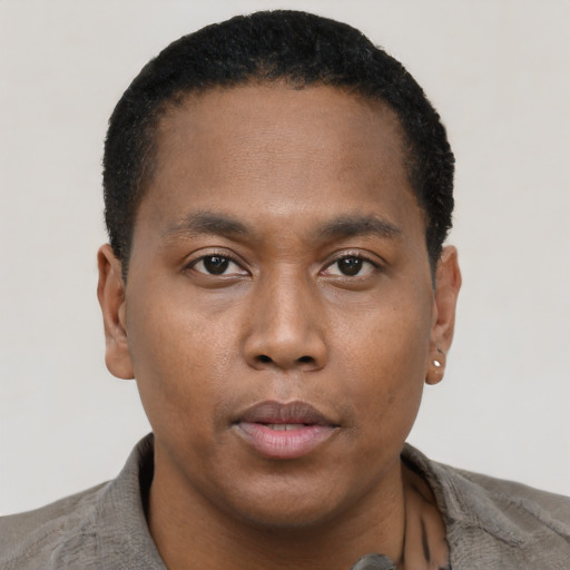 Neutral black young-adult male with short  black hair and brown eyes