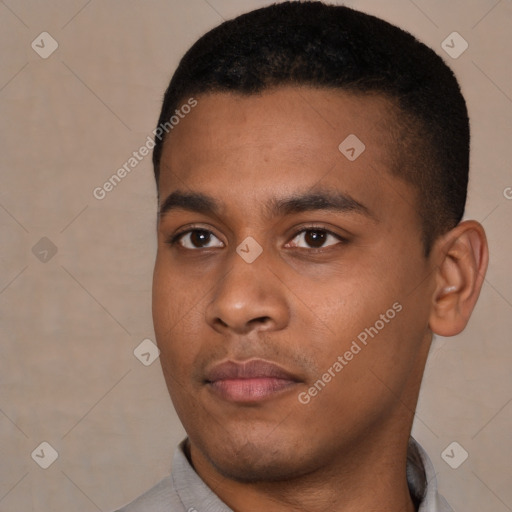 Neutral black young-adult male with short  black hair and brown eyes