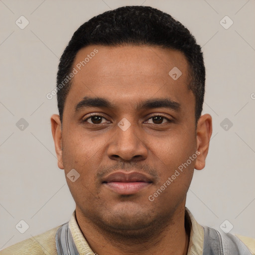 Neutral latino young-adult male with short  black hair and brown eyes