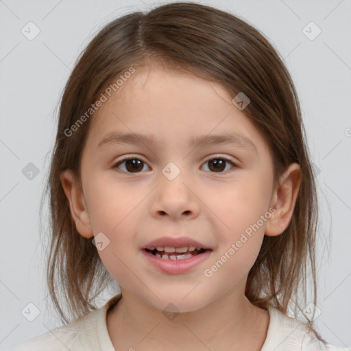 Joyful white child female with medium  brown hair and brown eyes