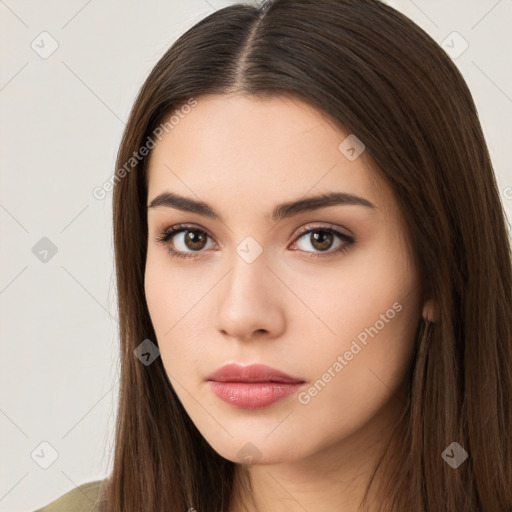 Neutral white young-adult female with long  brown hair and brown eyes