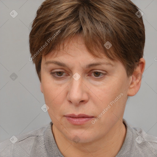 Joyful white adult female with short  brown hair and brown eyes