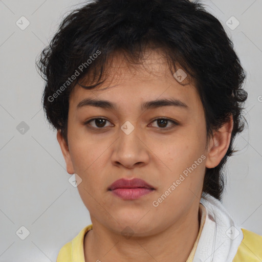 Neutral asian young-adult female with short  brown hair and brown eyes