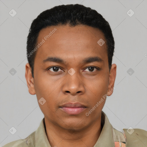 Neutral latino young-adult male with short  black hair and brown eyes