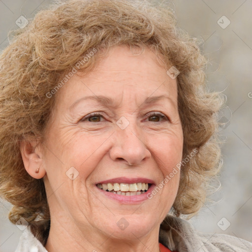 Joyful white middle-aged female with medium  brown hair and blue eyes