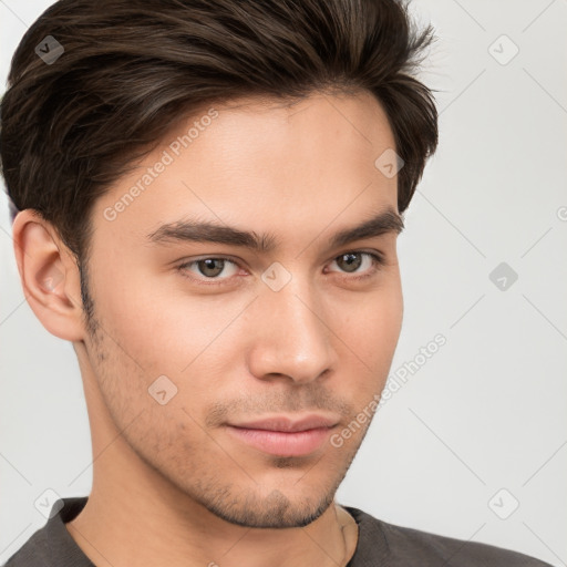 Neutral white young-adult male with short  brown hair and brown eyes