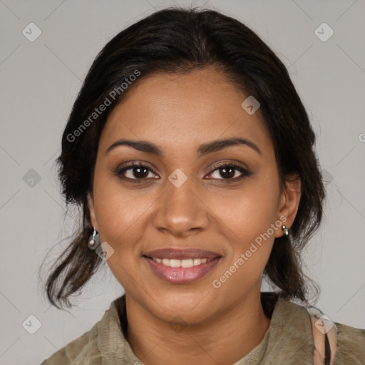 Joyful black young-adult female with medium  brown hair and brown eyes