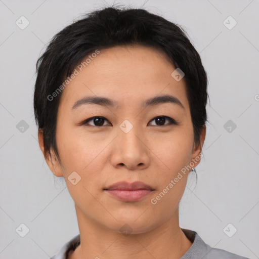 Neutral asian young-adult female with short  black hair and brown eyes