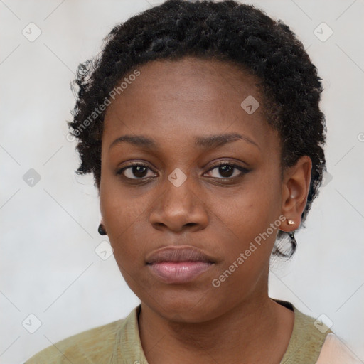 Neutral black young-adult female with short  black hair and brown eyes