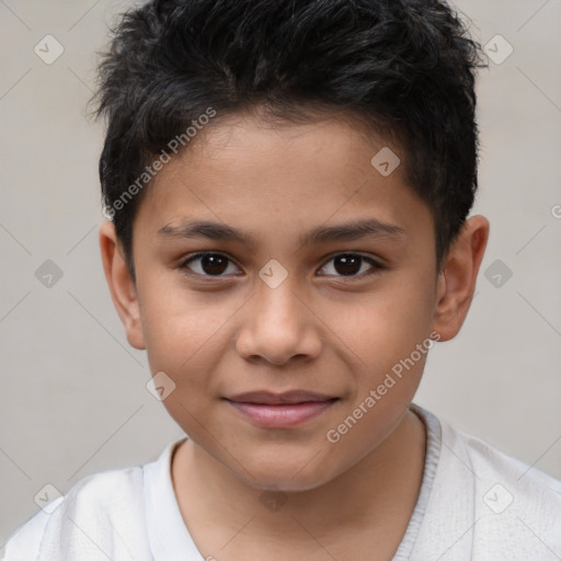 Joyful white child male with short  brown hair and brown eyes