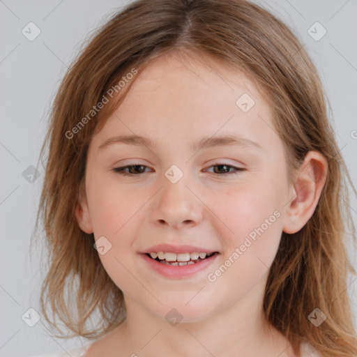 Joyful white child female with medium  brown hair and brown eyes