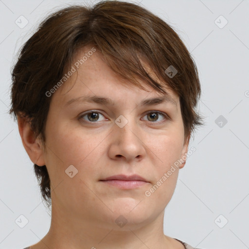 Neutral white young-adult female with short  brown hair and brown eyes