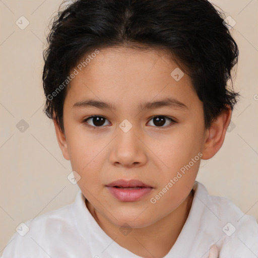 Joyful white child female with short  brown hair and brown eyes