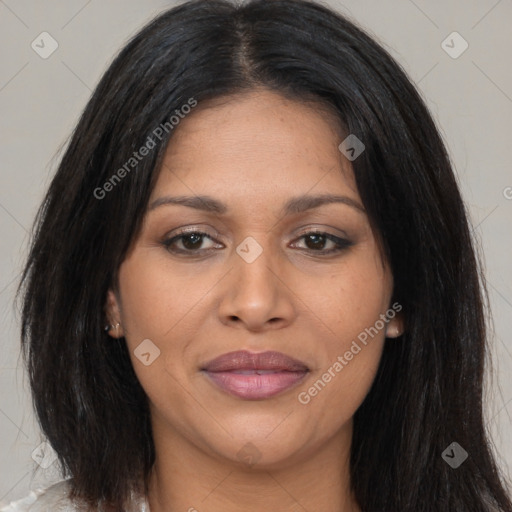 Joyful asian young-adult female with long  brown hair and brown eyes