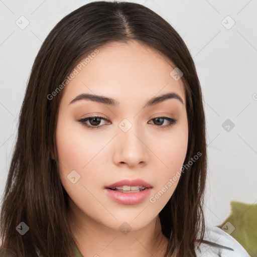 Neutral white young-adult female with long  brown hair and brown eyes